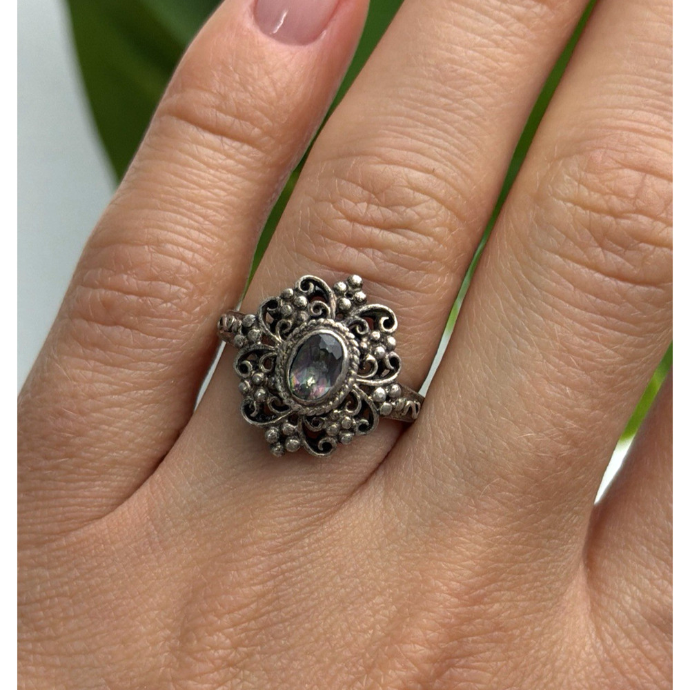 Vintage Filigree 925 Sterling Silver Mystic Topaz Ring Size 7.5